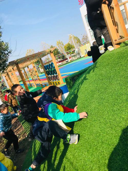 森林幼儿园幼儿集体爬小土坡实景