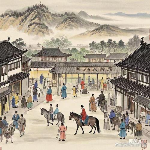 古代驿站场景水墨画 灯笼 马匹