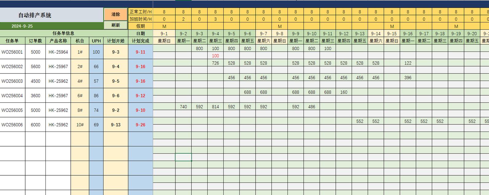 手工Excel排程机加工生产计划表
