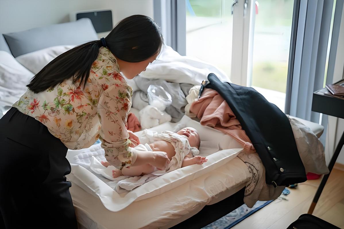 工业职场宝爸在家给新生儿换尿布场景图