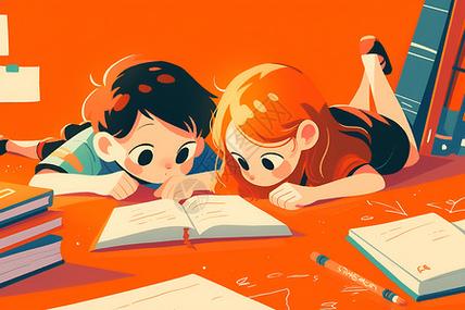 孩子趴在地板上笑着看漫画书