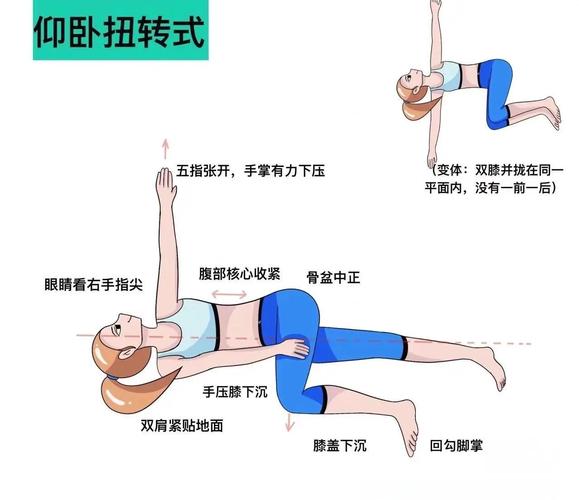 卧床侧腰扭转舒展动作示意图