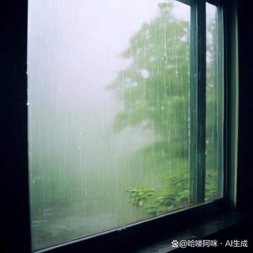 窗边雨滴打在防盗网雨棚上特写