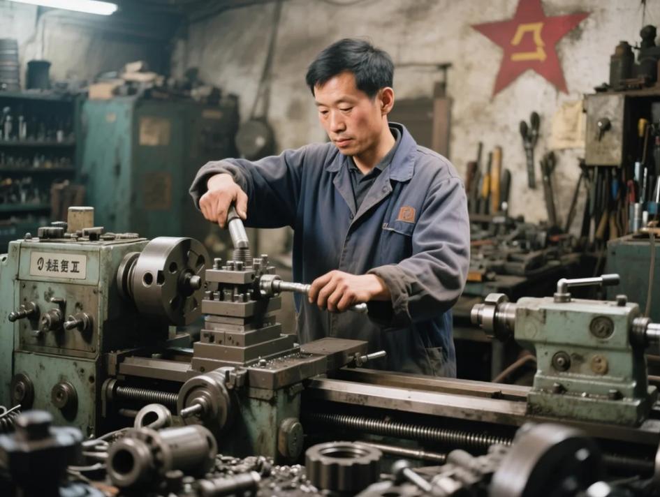 老工厂车间青年工人操作车床