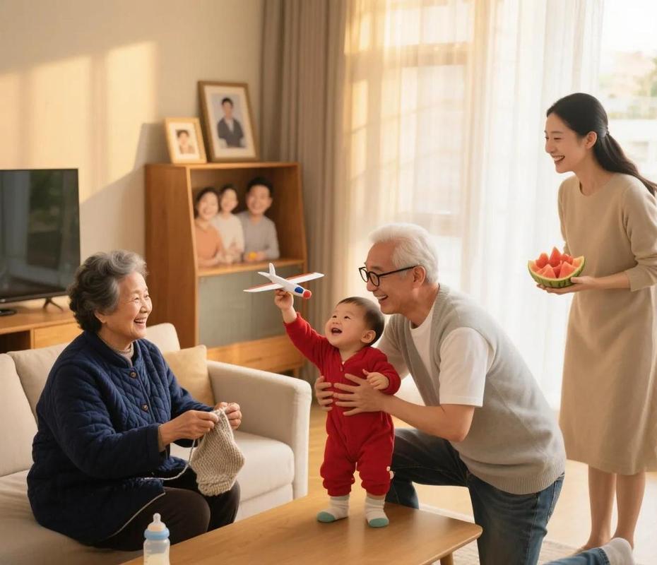 年轻爸妈和爷爷奶奶客厅讨论带娃规则合照