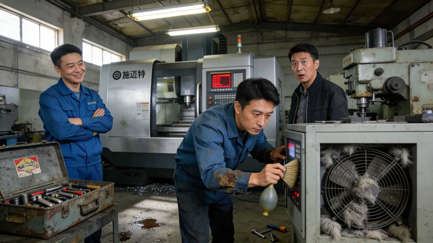 工厂车间机床维修工人交流场景