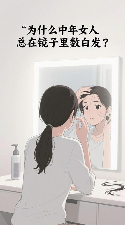 老旧浴室镜子前凑头拔白头发的侧影