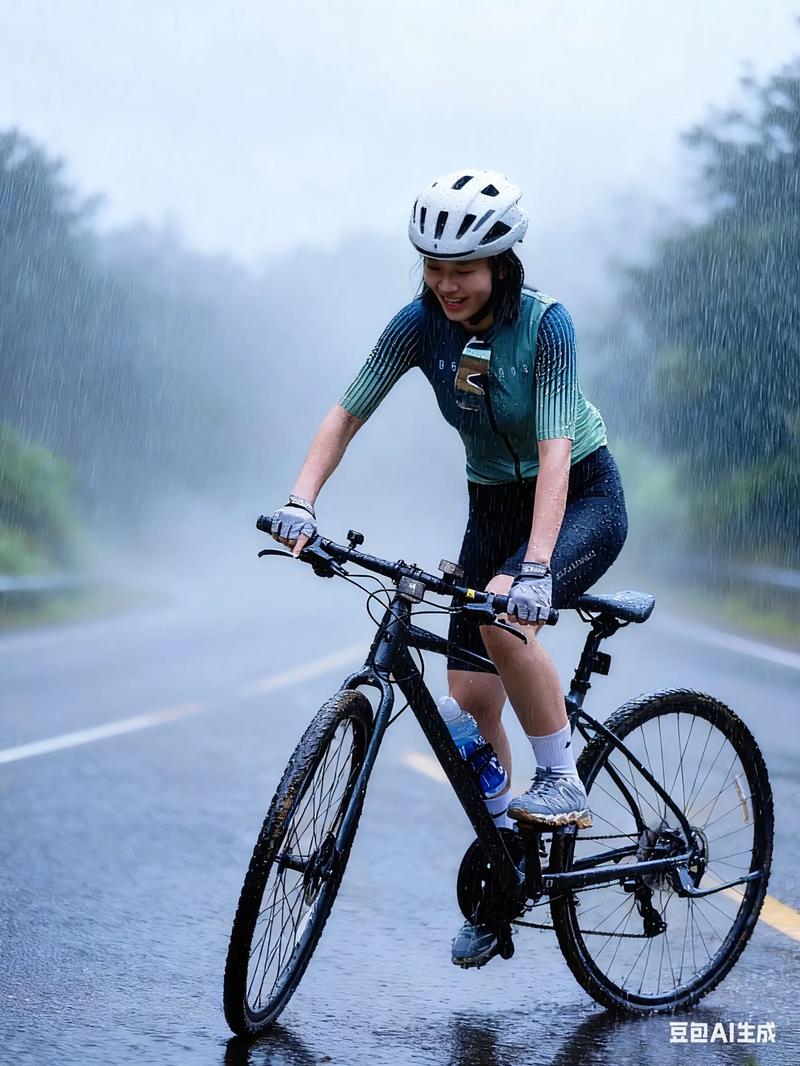 穿雨衣骑自行车通勤特写