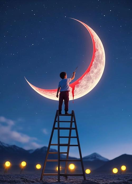 小朋友指着夜空月牙提问手绘插画