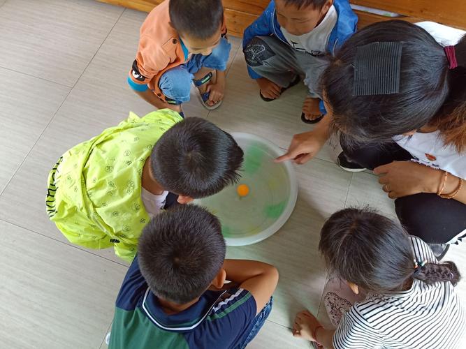 孩子在水盆里玩橡皮鸭和铁勺观察沉浮实验的照片
