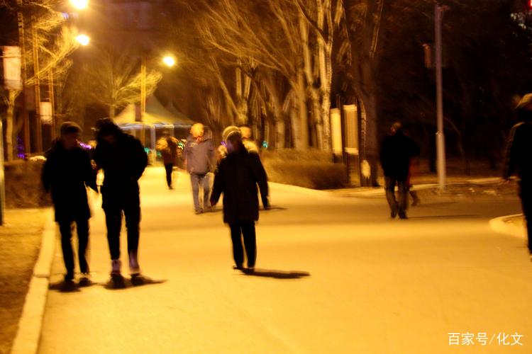 小区夜晚路灯下散步的人群