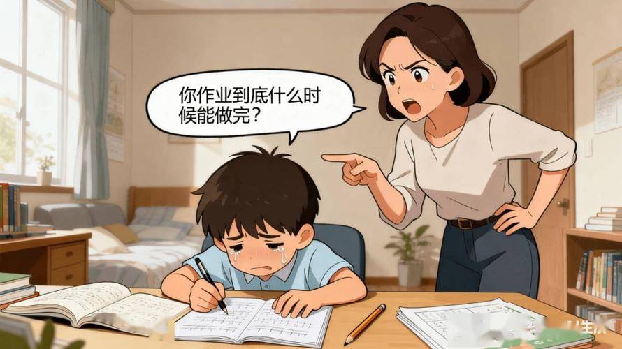 小学生辅导作业家长焦虑崩溃场景插画
