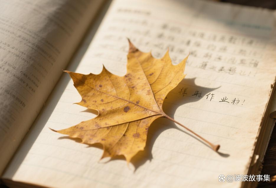 摊开的学生周记本夹着半片干银杏叶