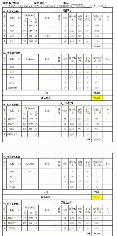 橱柜定制预算报价明细表