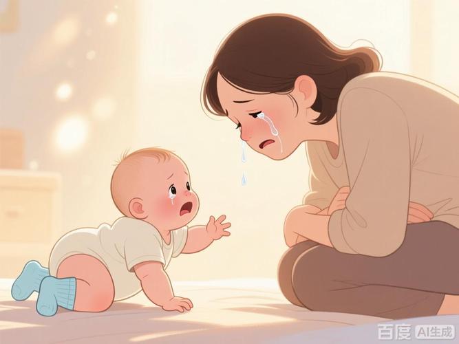 妈妈抱着哭泣的婴儿,表情复杂