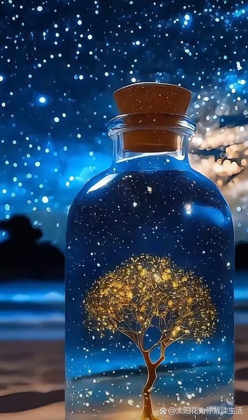 透明玻璃瓶装着卷起的信纸漂浮在星空海面摄影作品
