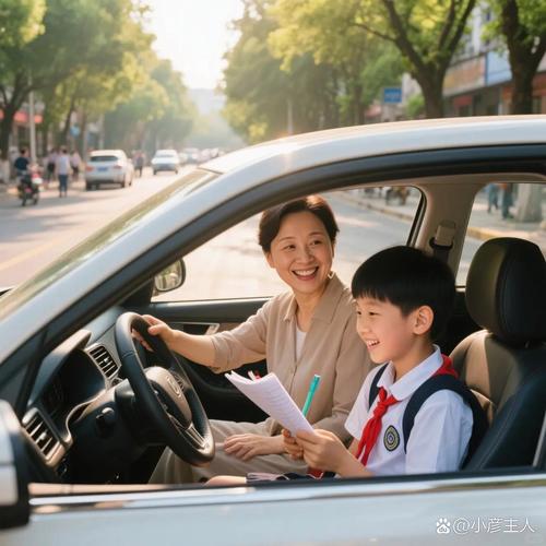 亲子开车接娃放学路上随口背诗的车内场景