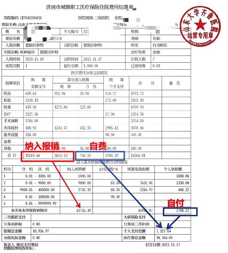 医保报销后的医疗费用分割单样本