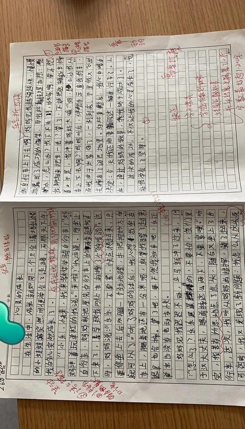 学生混乱的议论文草稿纸，红笔批改痕迹