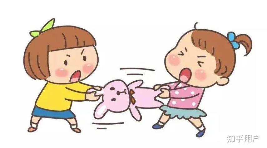 两个小孩争抢玩具后家长蹲下询问孩子情绪的插画