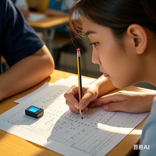 高中考场学生盯着数学答题卡皱眉的近景