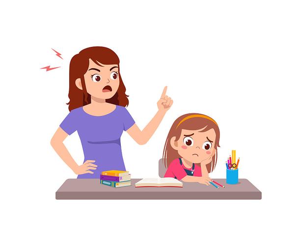 孩子低头拿试卷母亲表情从生气变温柔对比插画