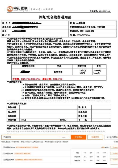 皱巴巴的域名注册续费收据打印件