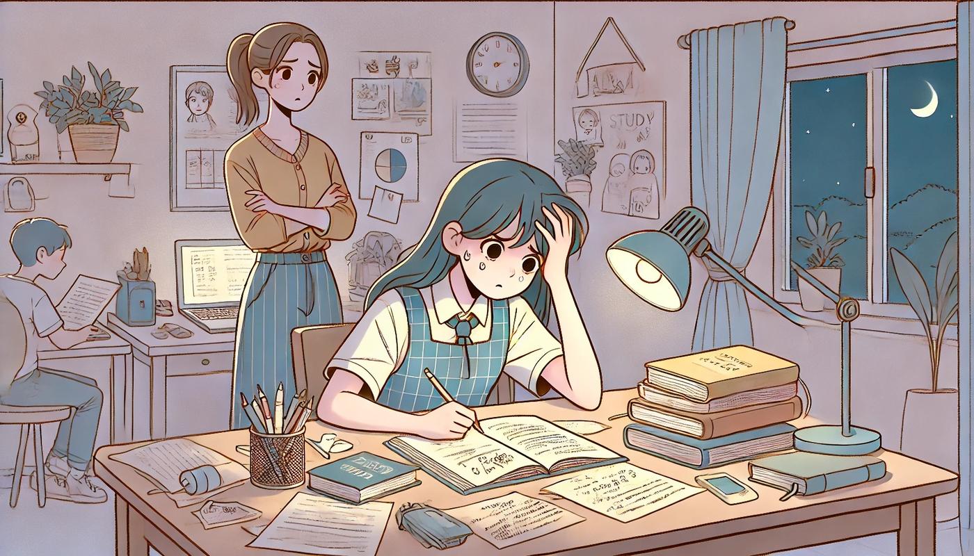 教室学生熬夜写作业内卷场景插画