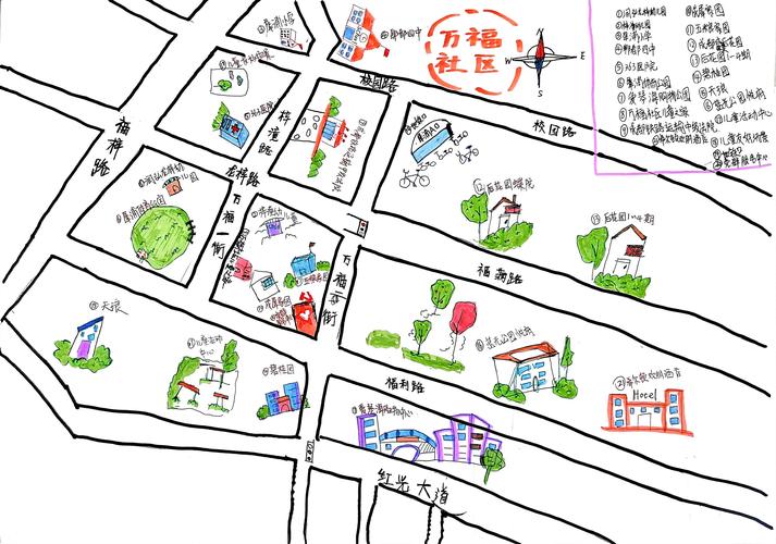 小区平面示意图手绘散步路线标记