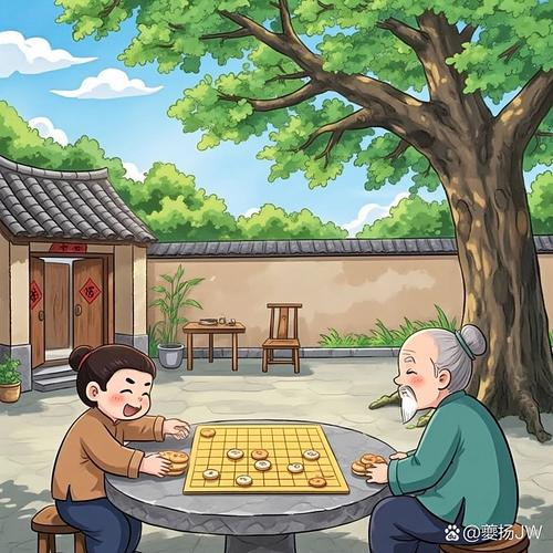 小区树荫下老人陪小孩下象棋场景