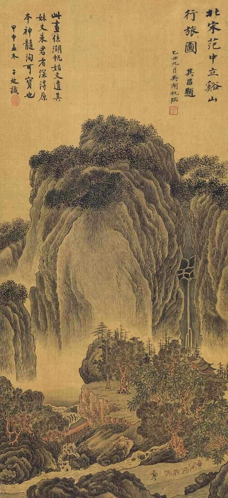 宋画《溪山行旅图》半山腰的隐亭局部