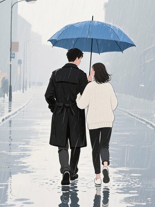 雨中共伞的浪漫电影片段场景插画