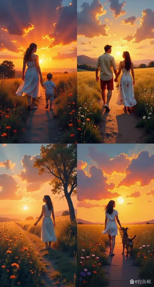 妈妈和孩子手拉手走在开满鲜花的小路上夕阳背景