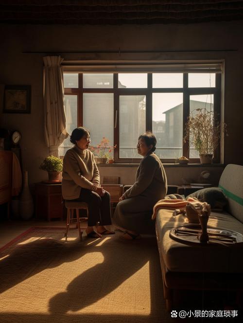 母亲蹲在沙发前与委屈男孩平视低语，光线柔和