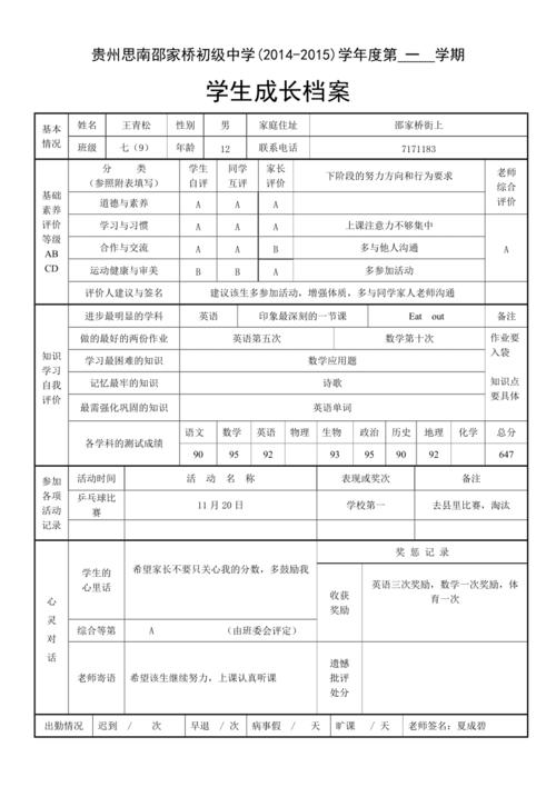 初中升学非分数档案整理模板
