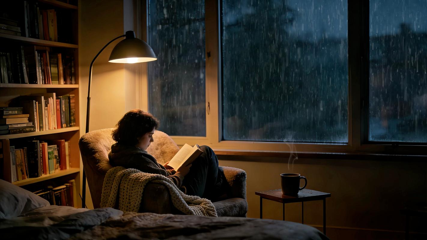 一个人在窗边读诗,窗外飘着雨丝,氛围感