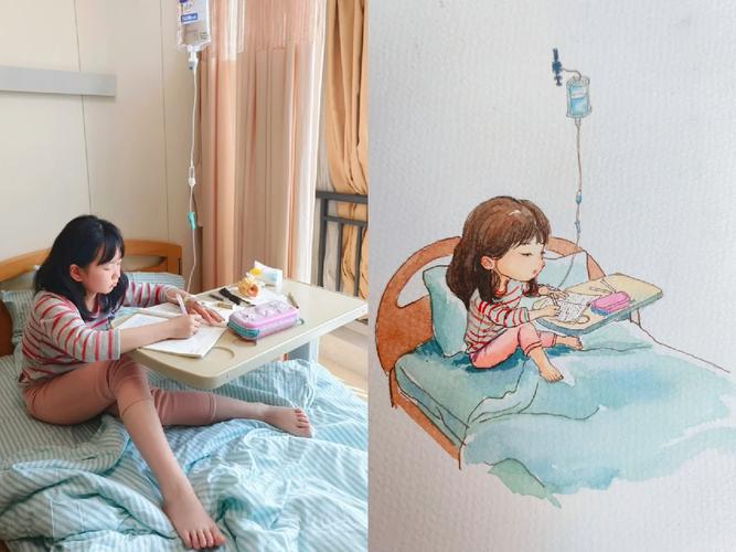 重病儿童在病房学校画画场景特写