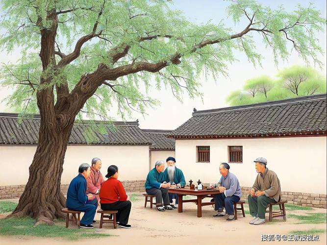 北京胡同夏日大槐树下下棋老人场景照