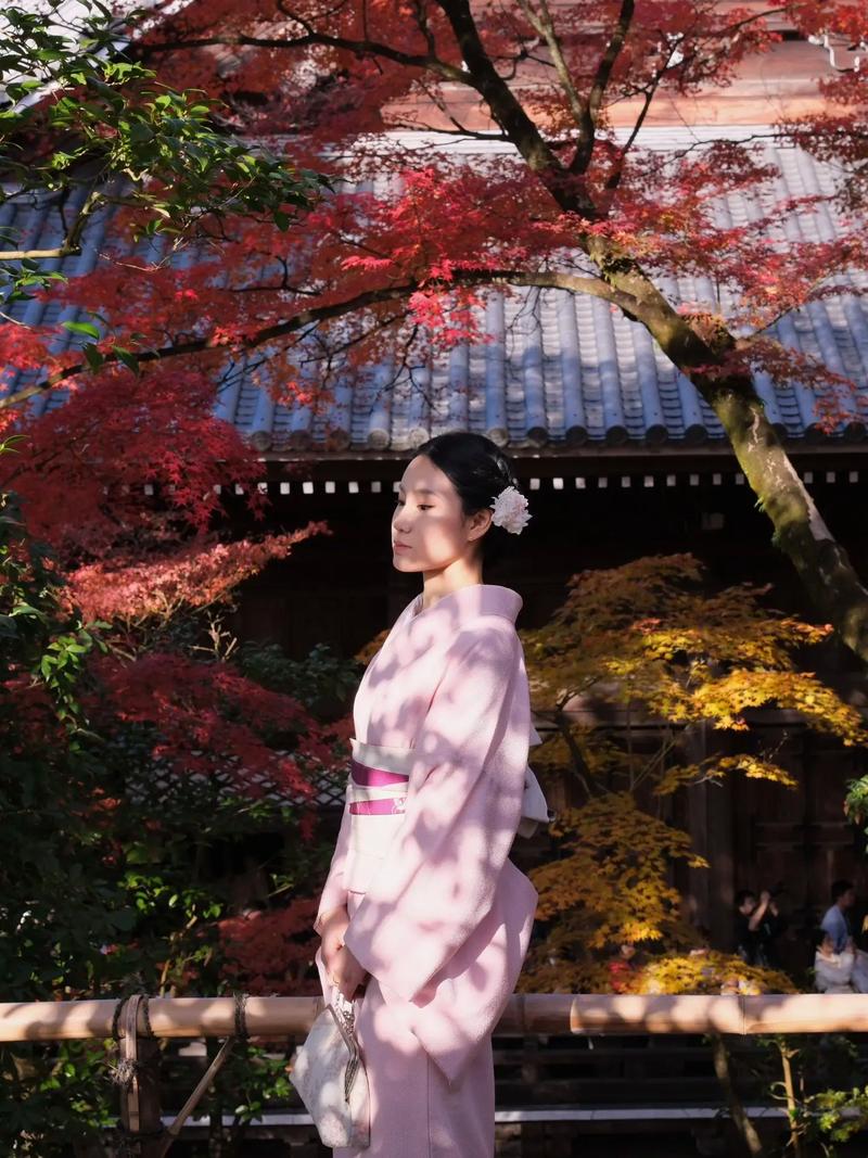日本京都永观堂回廊穿和服女子赏枫