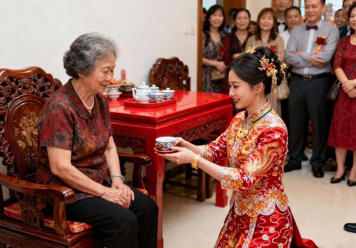 中式婚礼敬茶仪式场景 新人递茶