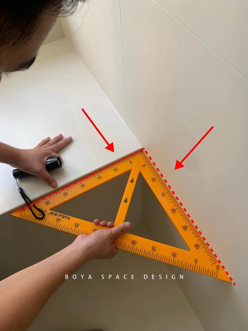 阴阳角尺测量墙面角度误差操作示意图
