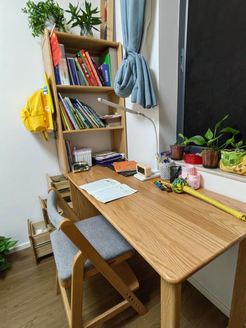 书桌书架前坐姿端正阅读纸质书正面场景