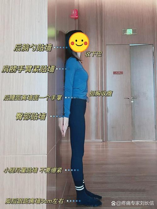 居家久坐人群靠墙站标准动作示意图