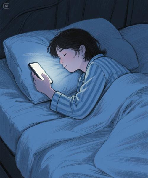 节假日深夜卧室床上玩手机屏幕蓝光照亮面孔的插画