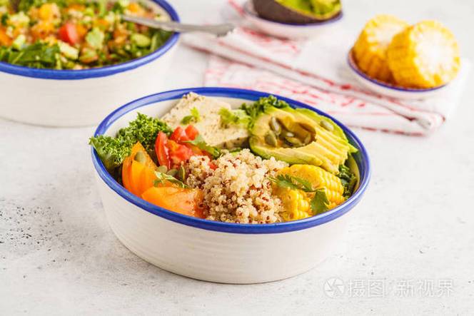 色彩丰富的素食健康餐盘有豆腐、羽衣甘蓝和藜麦