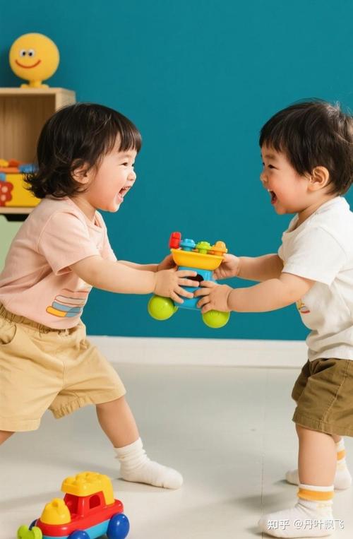 二胎家庭两个孩子抢毛绒玩具场景图
