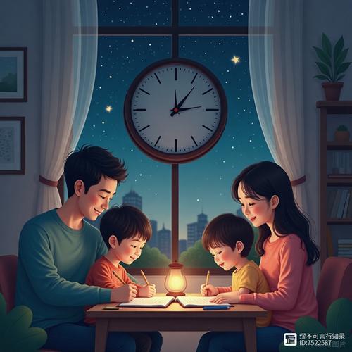 温馨亲子共读绘本场景暖黄灯光插画