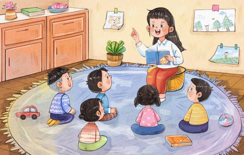 小学老师和孩子围坐在地板上分享绘本故事