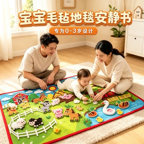 宝宝坐在地毯上撕儿童布书实拍
