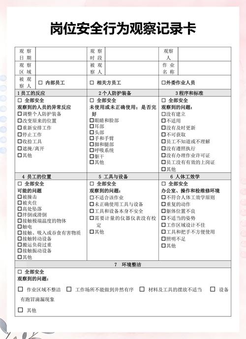 工厂车间安全行为观察卡片填写示例